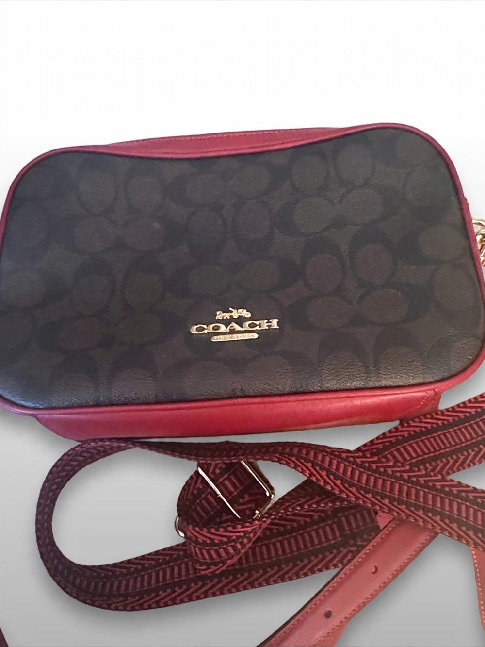 Coach Brown Logo Crossbody with Red Trim and Strap